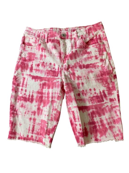 Style & Co Pants - Style & Co Tie-Dye Bermuda Shorts Pink & White Cotton Blend Frayed Hem Size 10
